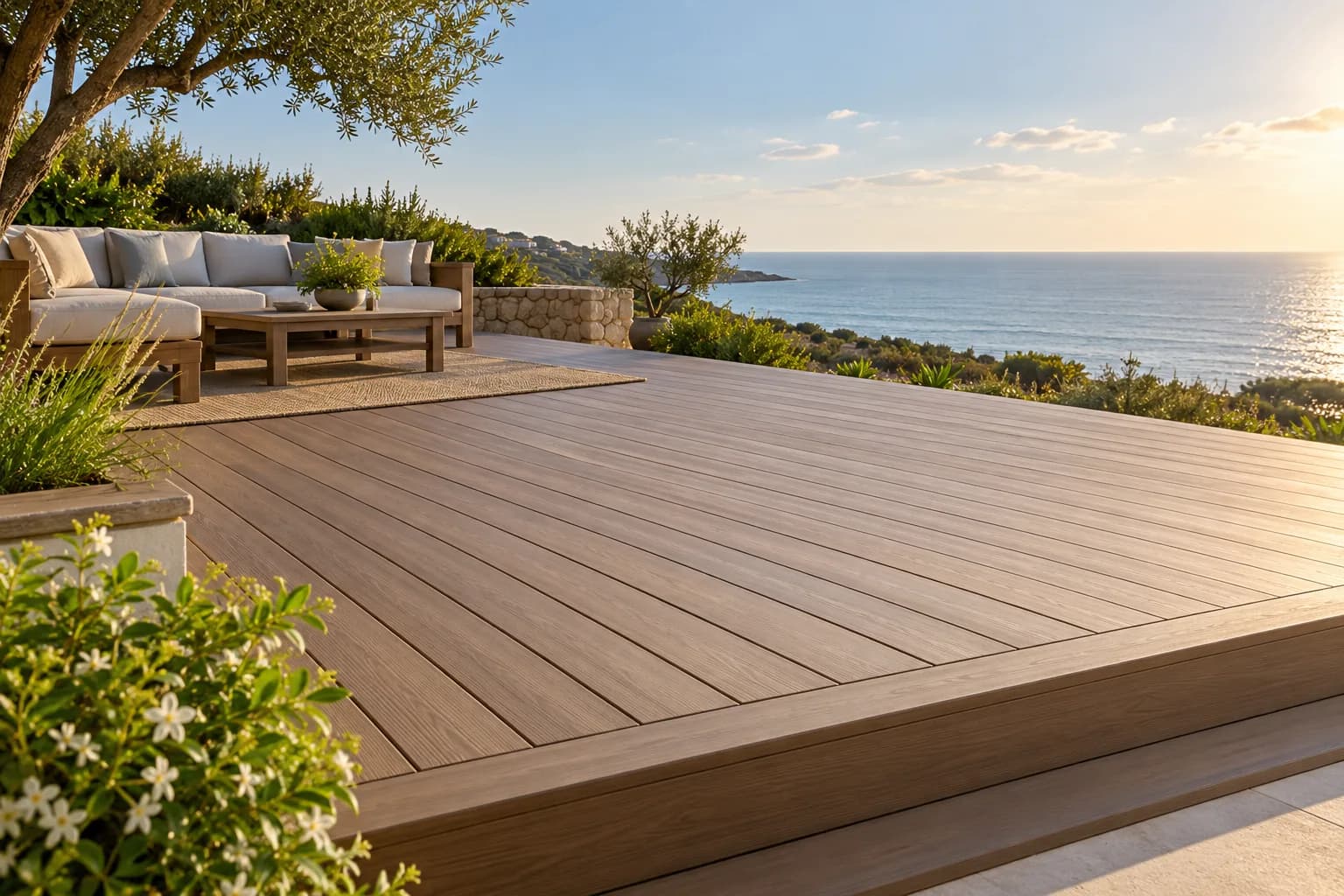 המחשה של התקנת דק סינטטי בסביבה ביתית עם פרטי גמר ותכנון משטח